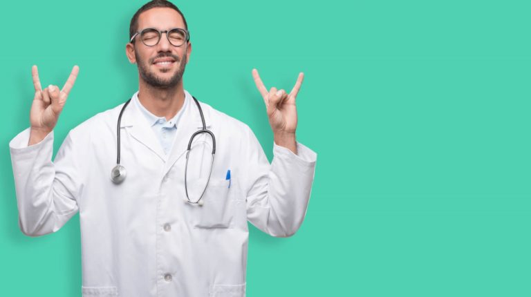 professional doctor raising his fingers in the air, wishes to meet other professionals