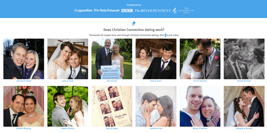 landing page of christian connection - picture collage of several success stories who have matched via cc