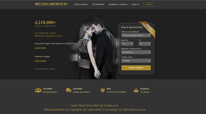 Millionaire Match home page, a young and fancy couple holding their hands on a black and white classic background