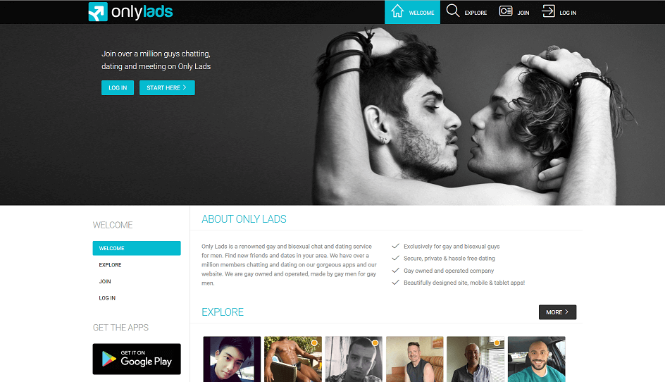 landing page for only lads site. two dating gay singles in the background engaging in homosexual intimacy. 