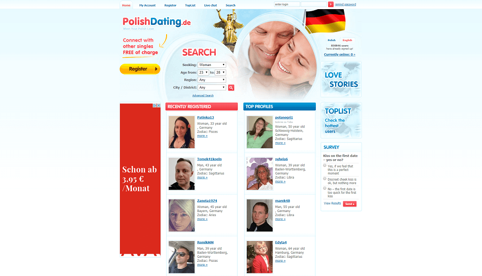 landing page of polish dating.com. very simple design of the online datig site for polish singles. slight overview of profiles and filter search options. 