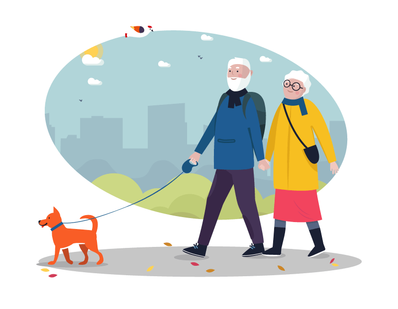 silver fox dating couple walking the dog illustration