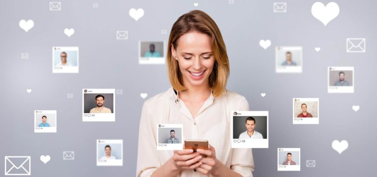 woman with a phone surrounded by male dating profile pictures and hearts