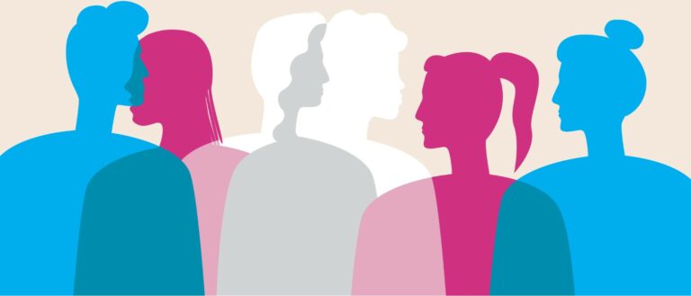 silhouettes of people in trans pride colors