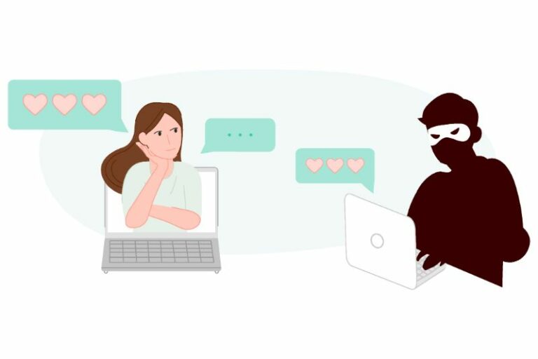 vector art of woman dating online with a scammer