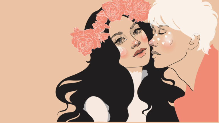 stages of dating: illustration art of a woman with a flower crown and a man being close