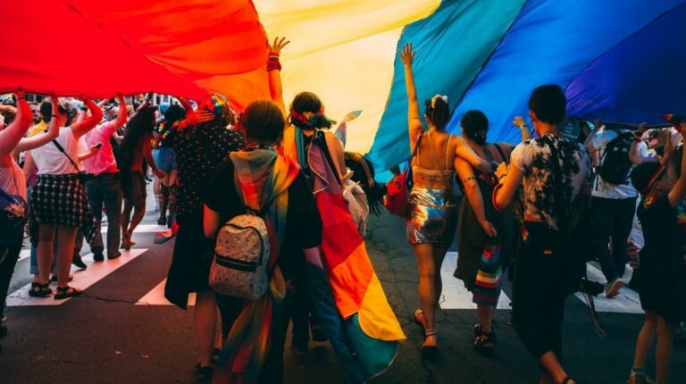people at a lgbtqia+ pride march