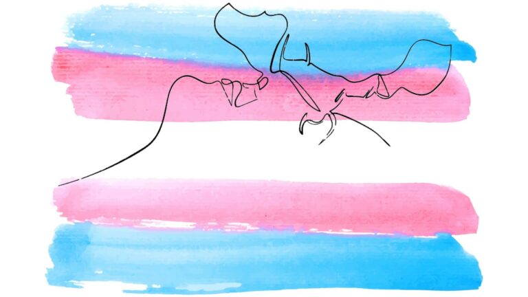 line art of people kissing with a trans pride flag in the background