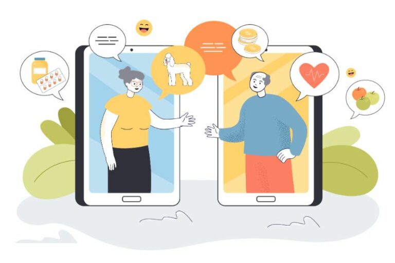 illustration of two mobile phones with two seniors on them talking to each other