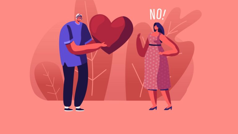 vector art of woman rejection a man giving her a heart
