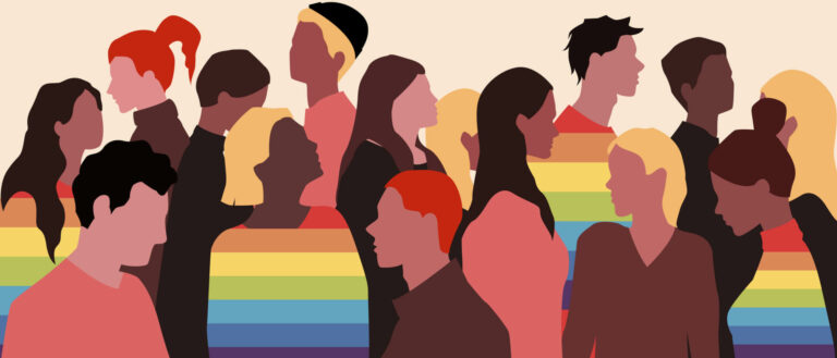 vector art showing crowd of people with several LGBTQ persons