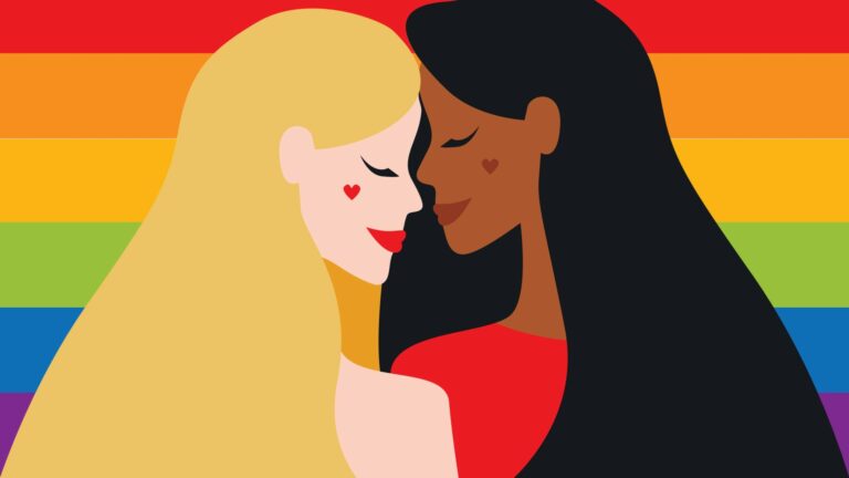 illustration of two lesbian lovers in front of a rainbow flag