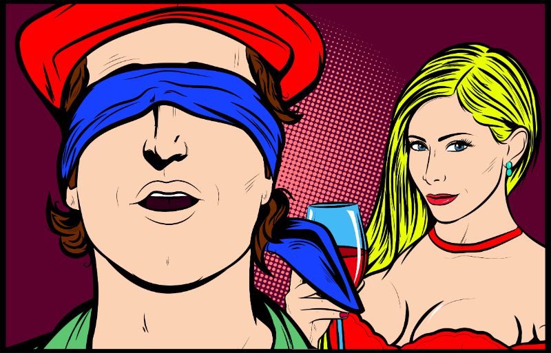 comic style illustration of a woman in lingerie having blindfolded a man