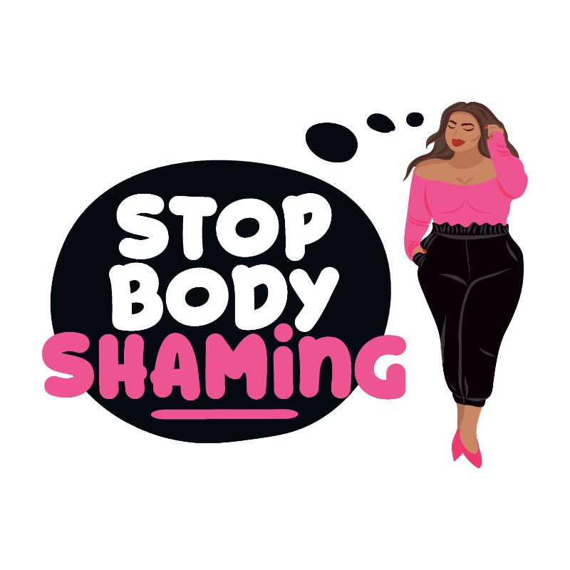 vector art of woman thinking "stop body shaming"