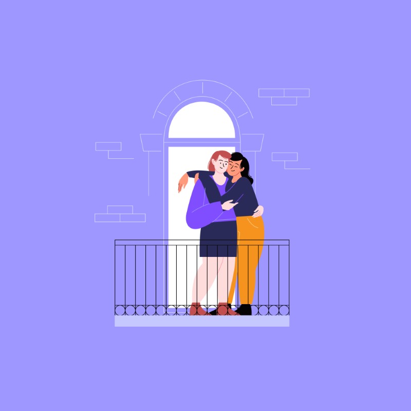 vector art of two women hugging on their balcony