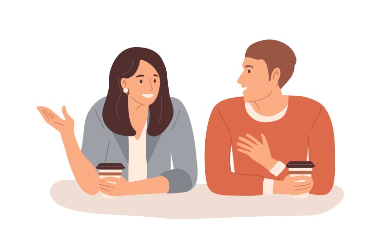 vector art of two people chatting over coffee