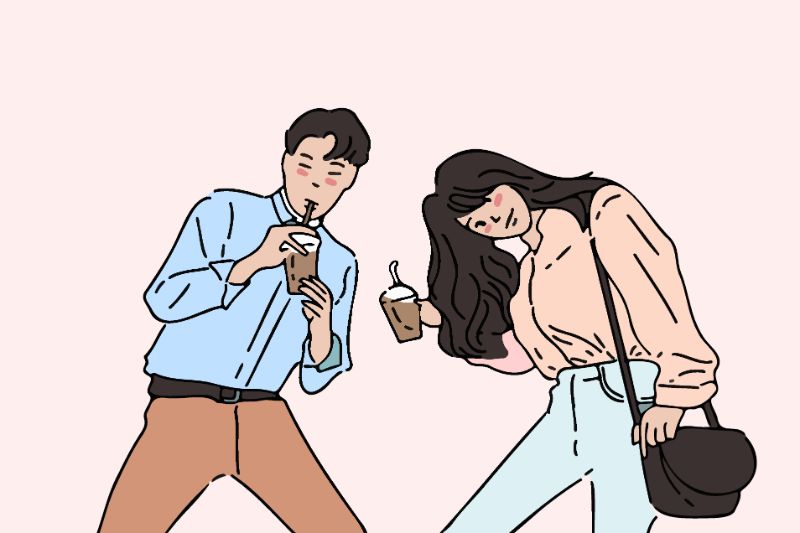 vector art of asian man and woman with to-go drinks