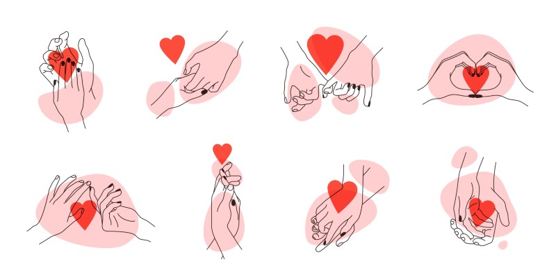 what is my attachment style? compilation of line art hands holding each other and hearts