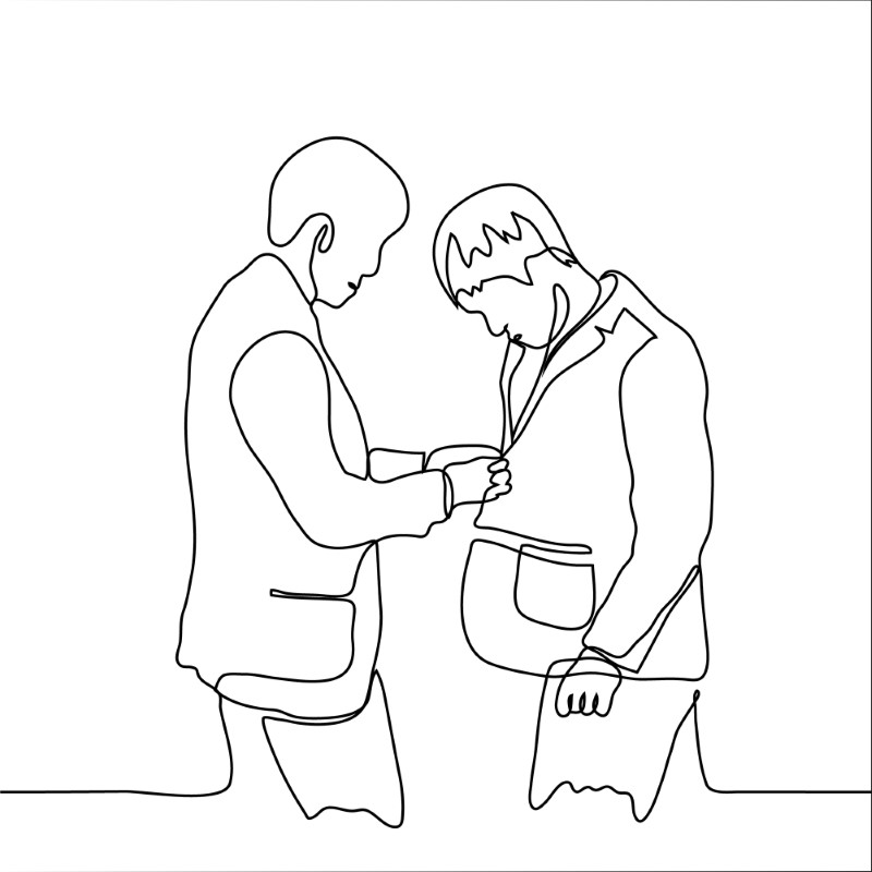 line art of someone buttoning up the jacket of another person