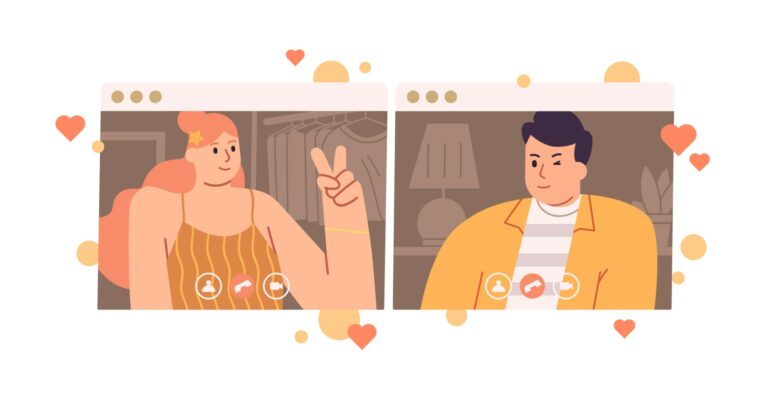 vector art of a girl and a guy doing a video call