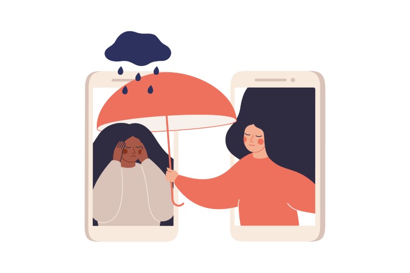 vector art of a girl comforting another woman over the phone, holding an umbrella