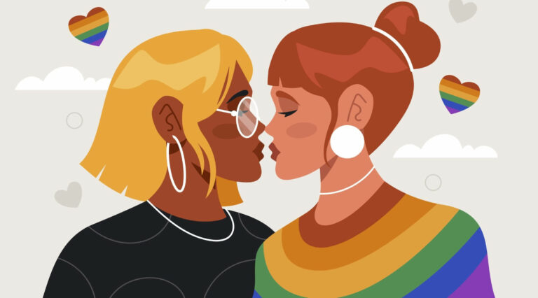 illustration of lesbian couple kissing while surrounded with rainbow hearts