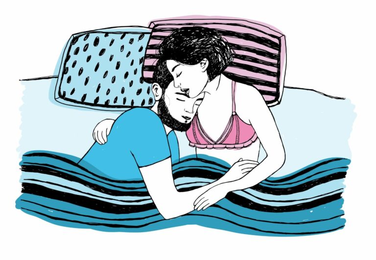 digital art of couple cuddling in bed colored in trans pride colors