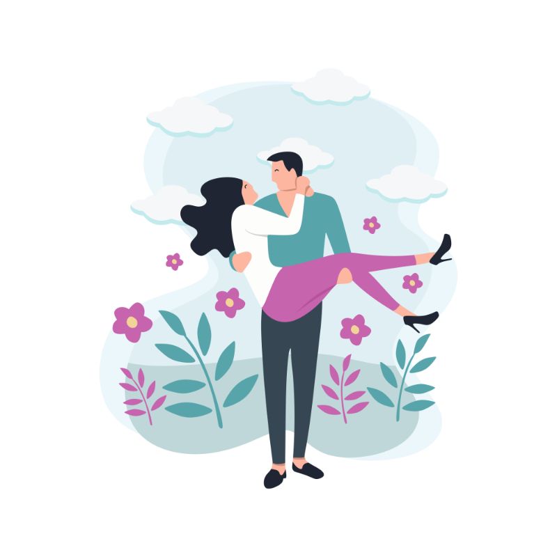 Vector art of a man holding a woman in his arms in a field of flowers