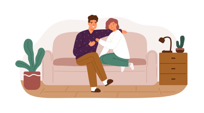 illustrated couple talking on the sofa