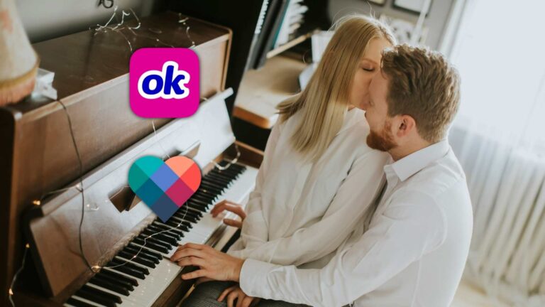 couple at the piano with okcupid vs eharmony logos
